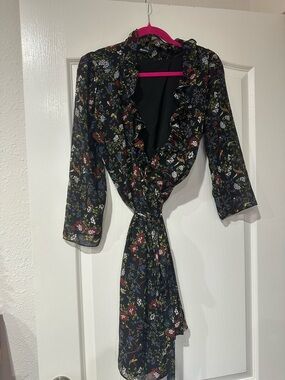 Madewell Black Floral Ruffle Wrap Dress with Tie